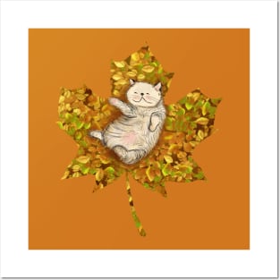 Little Cat Playing on the Leaves - Maple Leaf Version Posters and Art